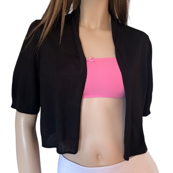 Talbots 100% Silk Shrug Cardigan Sweater Open Front Duster Short Sleeve Black - Picture 2 of 11